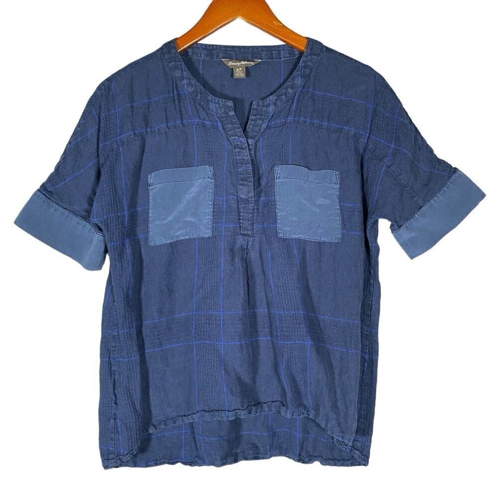Tommy Bahama Top Women S Linen Cotton Silk Trim Popover Casual Shirt Indigo Blue